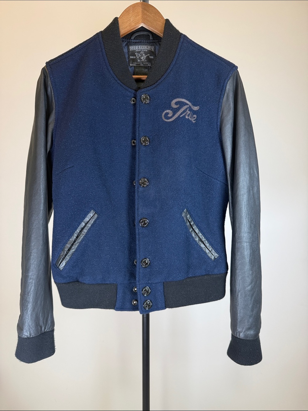 True Religion Richie Navy Wool and Sheep Faux Leather Varsity Jacket | Size L